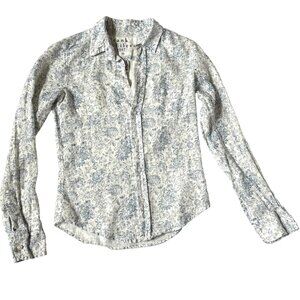 Frank & Eileen Womens XXS Barry 100% Linen Button Shirt V-neck Floral Print Blue